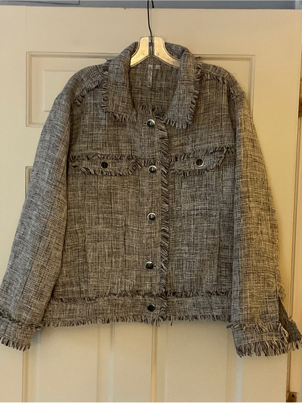 Lulu-B‎ Gray Textured Fringe Jacket Plus Size 1X Button Front Tweed Casual Chic